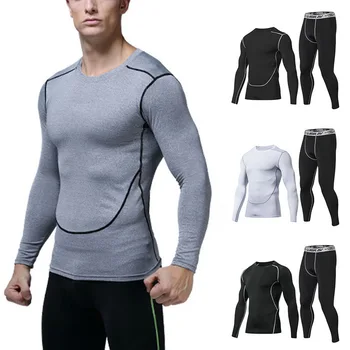 

2019 Men Sport Running Sets Compression T-Shirts + Pants Long Sleeves Fitness Rashguard Training Clothes Gym Yoga Suits