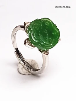 

LETSFUN Women's 925 Sterling Silver Natural Chinese Green Jasper Hand Carved Lotus Root Gemstone Ring