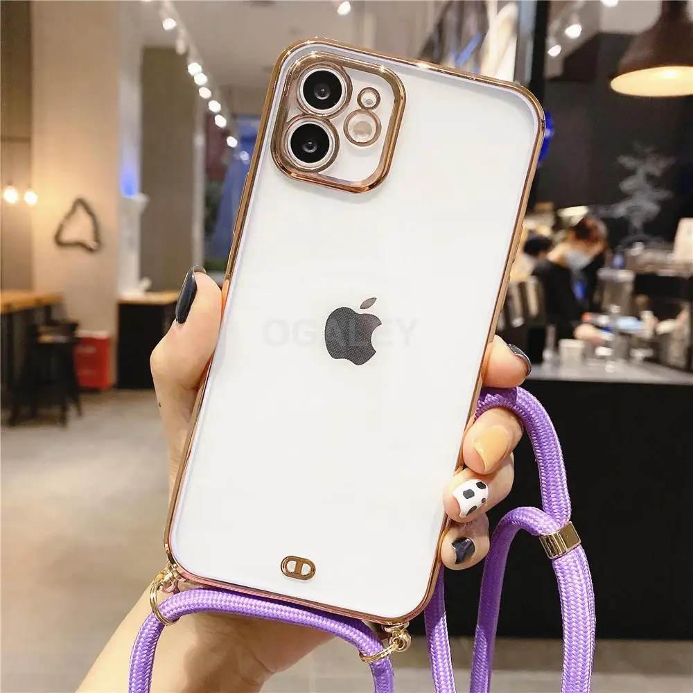 For iPhone 13 12 Pro Max 11 Pro Max 11 13 XS XR X 8 7 Plus SE 2020 Case Lanyard Strap Cord Chain Clear Soft Silicone Phone Cases iphone se waterproof case