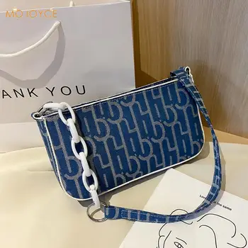 

Fashion Printed Women Canvas Handbags Acrylic Chain Tote Purse Female Girl Travel Daily Shoulder Underarm Top-handle Bags