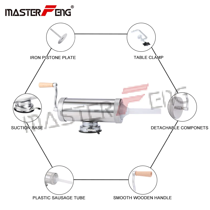 2.5L горизонтальная колбаса из нержавеющей стали, наполнитель для мяса, ручная прокатка с зажимом для стола