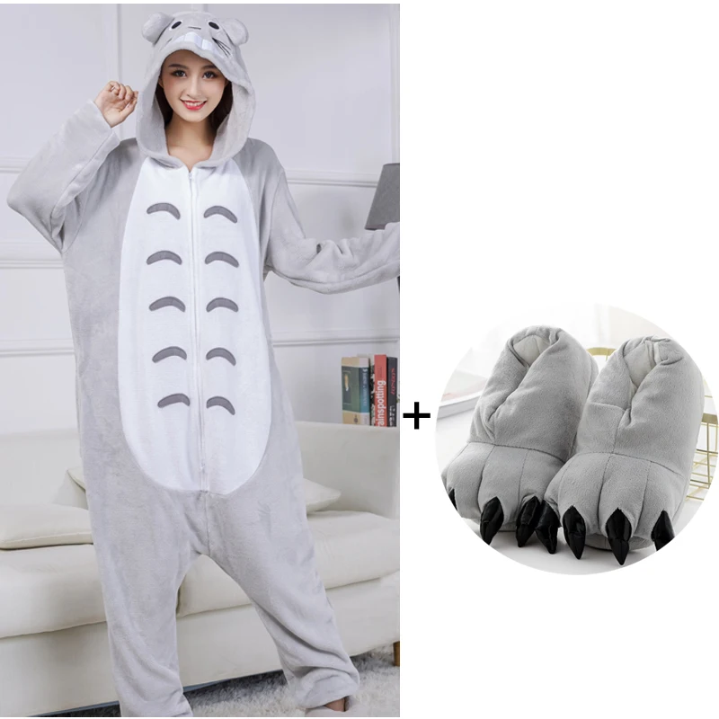 Totoro Kigurumi пижамы Мультяшные ползунки для взрослых с двойной молнией цельные пижамы с животными для мужчин и женщин Хэллоуин Косплей Костюм
