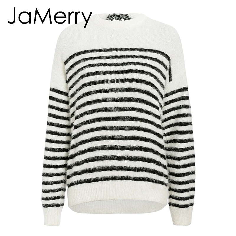 JaMerry Vintage sexy backless lace up mohair women pullover sweater Autumn winter soft female sweater casual Strip ladies jumper - Цвет: Черный