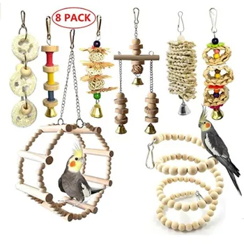 

8 Pcs Combination Parrots Interactive Toys And Bird Accessories For Pet Swing Stand Budgie Parakeet Cage Chew Wooden Supplies