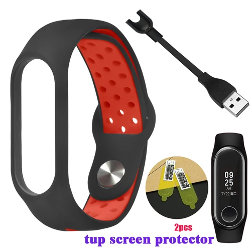 YHNUJM mi Band 3 ремешок на запястье+ usb-кабель для зарядки+ 2 шт Защитная пленка для экрана для Xiaomi mi Band 3 двойной разноцветный браслет - Color: red
