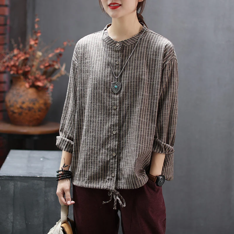  Autumn Arts Style Women Long Sleeve Loose Striped Shirts Stand Collar Vintage Cotton Linen Blouse P