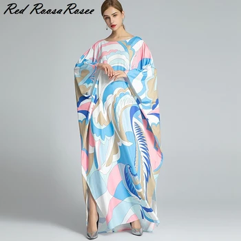 

New Ladies Autumn Spring Round Collar Batwing Sleeve Loose Bohemian Floor Length Long Elegant Plus Size Dress