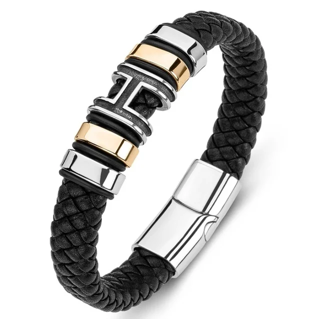 Classic Black Leather Wrap Bracelet for Men Metal Magnetic Clasp Fashion Bangle Bracelet Birthday Gift A10239-Gold-23cm