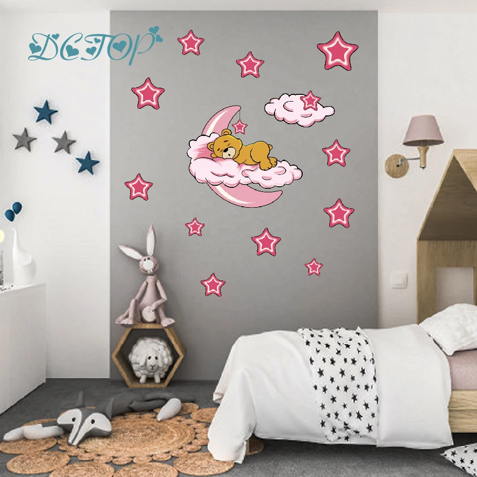 

Colored Bear Sleep on Cloud Moon Stars Stickers Cartoon DIY Art Wall Decal For Nursery Baby Room Decor Home Nordic Vinyls Mural