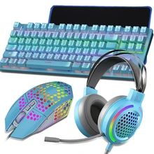 Para 4 pçs teclado mecânico mouse fone de ouvido combos jogos conjuntos 3200dpi ajustável ratos usb luz led fone de ouvido para computador portátil jogo