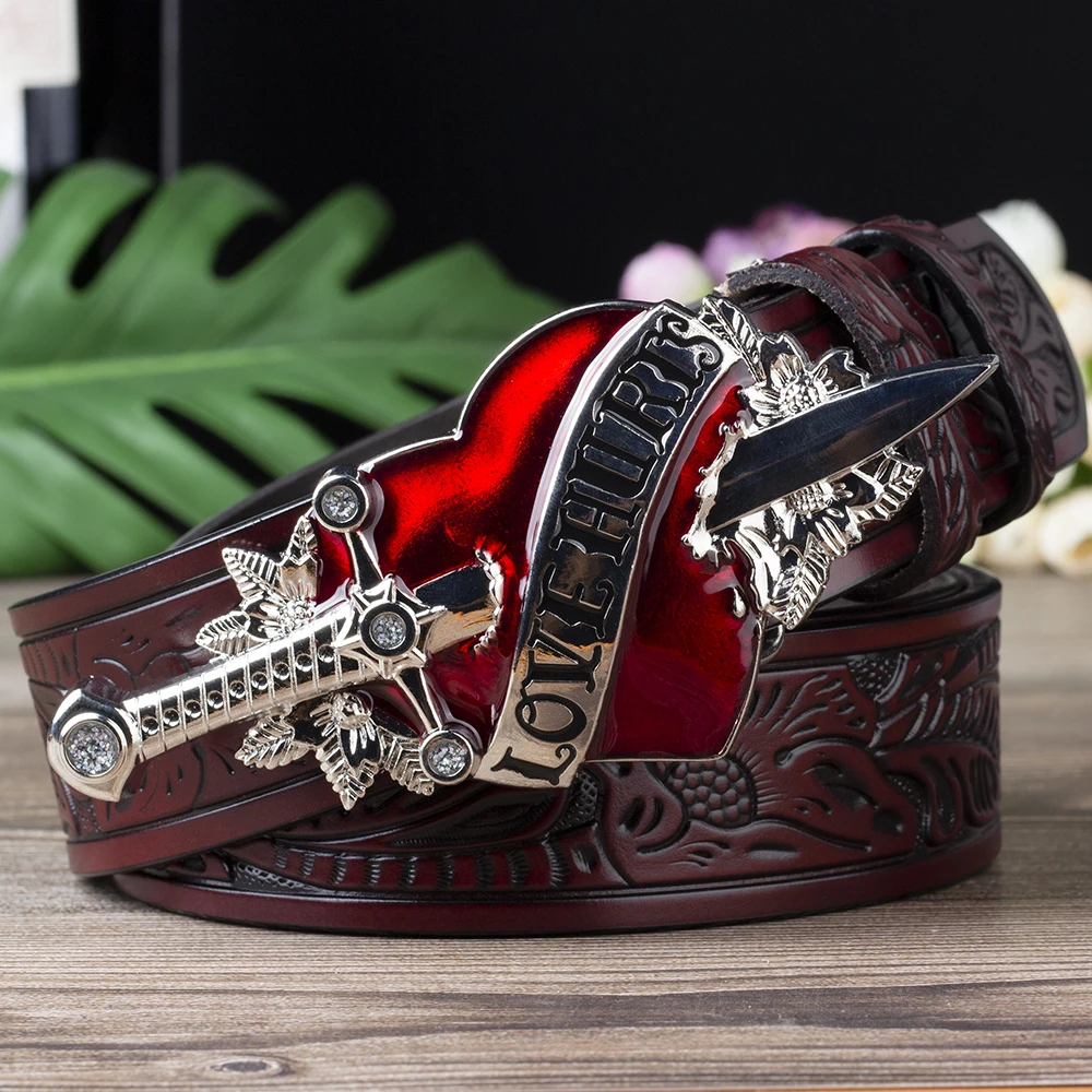 Love Hurts Buckle Sword and Red Heart for Women Fashion Embossed