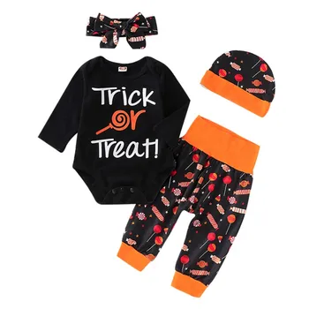 

New Autumn Halloween Baby Lollipop Printing Rompers And Trousers Kids Four-piece Outfit Set