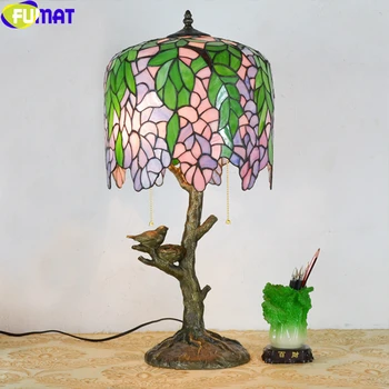 

FUMAT Tiffany Stained Glass Table Lamps Bird Nest Tree Sunflower Cow Desk Lights Decorative LED Handcraft European Style Lamps
