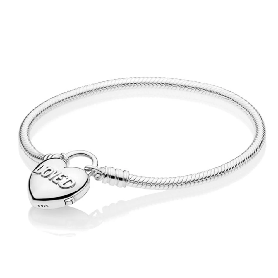

Authentic 925 Sterling Silver Smooth Bracelet With Loved Heart Padlock Clasp Bracelet Bangle fit Lady Bead Charm DIY Jewelry