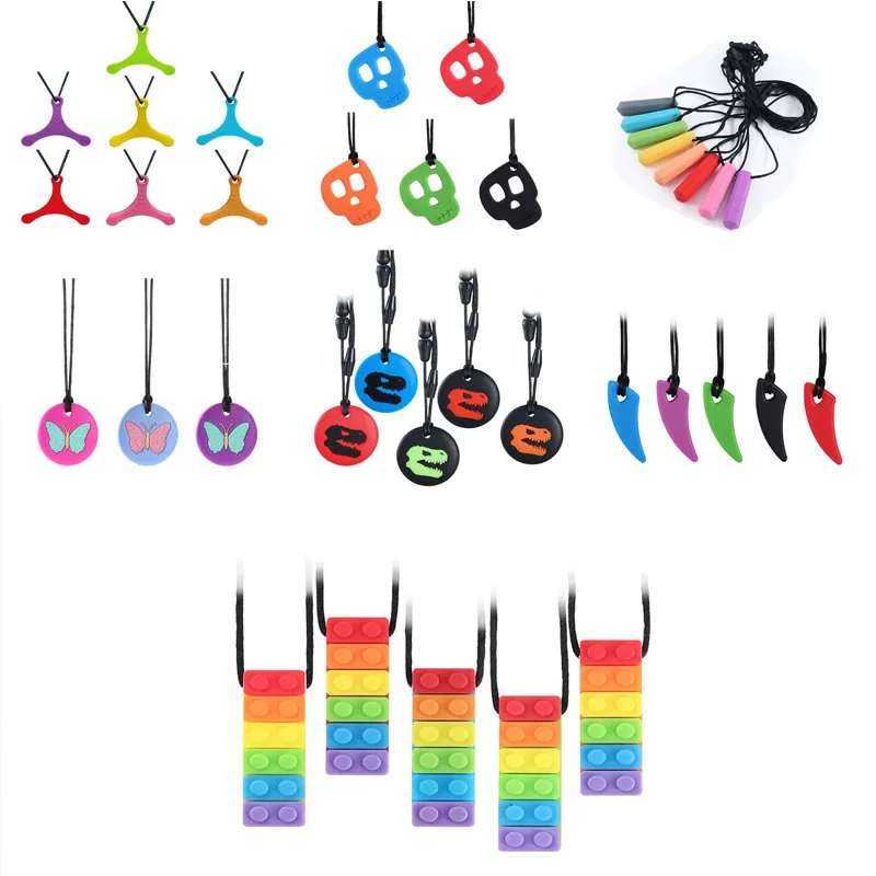 

1PC Rainbow Brick Robot Skull Chew Necklace Autistic Baby Silicone Teether Autism Sensory Chewy Toys