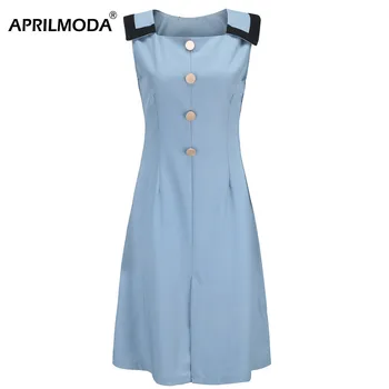 

Sailor Collar Blue Solid Color Women Dress Sleeveless Button Female 50s Retro Vintage Work Summer Beach Boho Dresses Vestidos