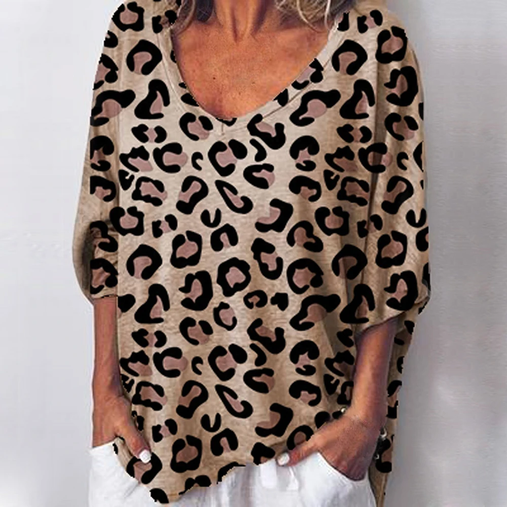 LASPERAL, модная женская свободная туника с леопардовым принтом и коротким рукавом, удобная футболка, осенняя Новая повседневная Женская Топ с v-образным вырезом