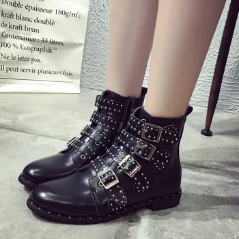 

Women Winter Shoes Black Studded Leather Buckles High Women Boots Mujer Ladies Shoes Size 42 Point Ankle Boots 2020 New Spring