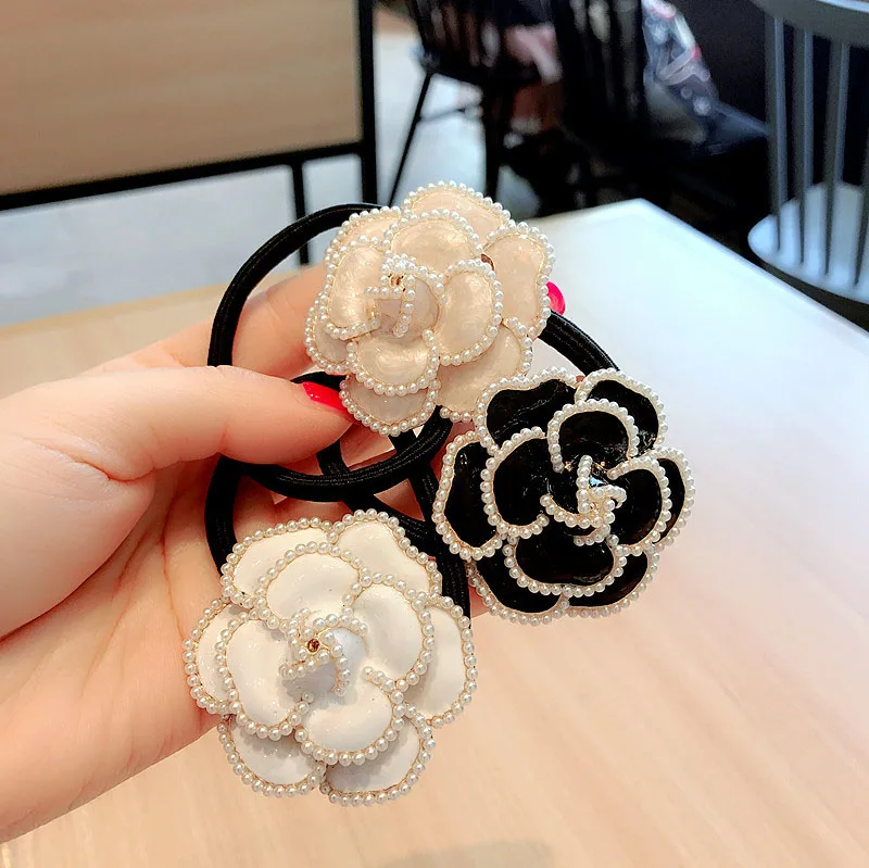 

Korean Camellia Pearl Flower Elastic Hair Bands Bow Tie for Women Fashion Ponytail Holder Luxury Hair Accessories Rubber Rope