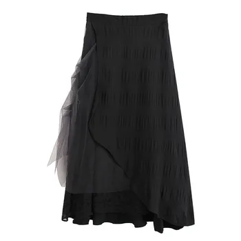 

[EWQ] Spring Autumn 2020 High Waist Black Pleated Mesh Asymmetrical Stitch Half-body Skirt Women Fashion Tide New 1T902
