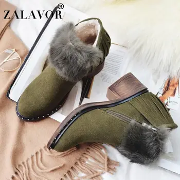 

ZALAVOR Women Snow Boots Keep Warm Plush Fur Winter Shoes Women Plush High Heel Ankle Boots Fashion Zipper Footwear Size 32-43