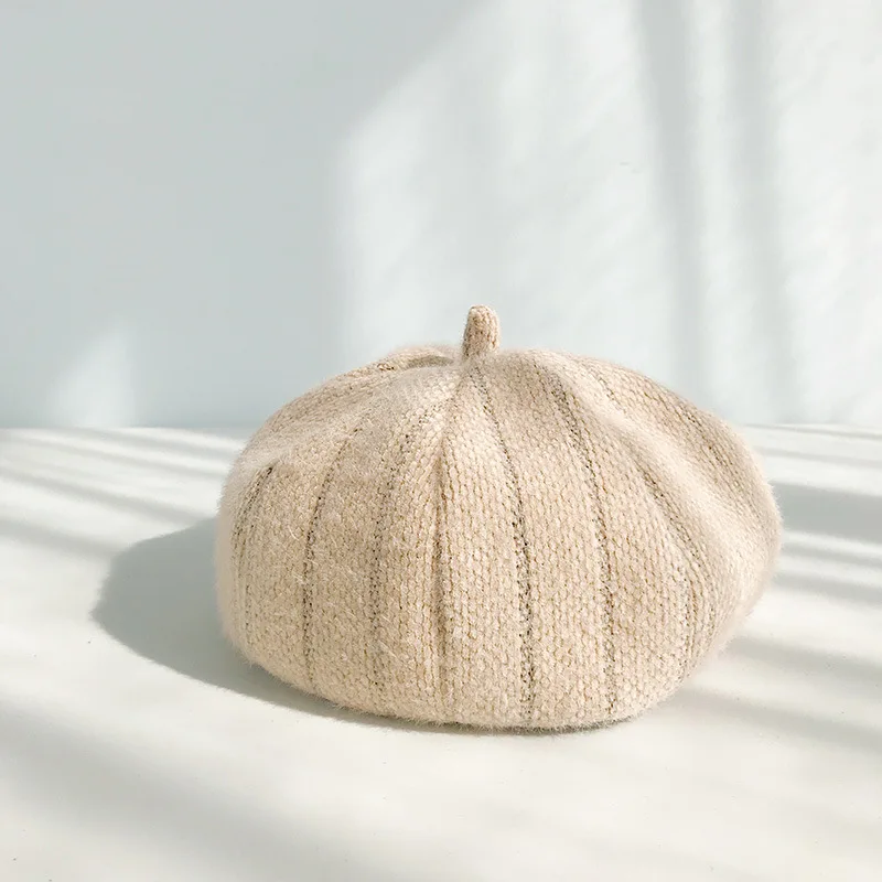 Beige Шерстяные шапки-береты для женщин, зимние Остроконечные шапки-береты с тыквой для девочек, мягкая женская плоская кепка, винтажная восьмиугольная кепка, малярные шляпы - Цвет: Beige