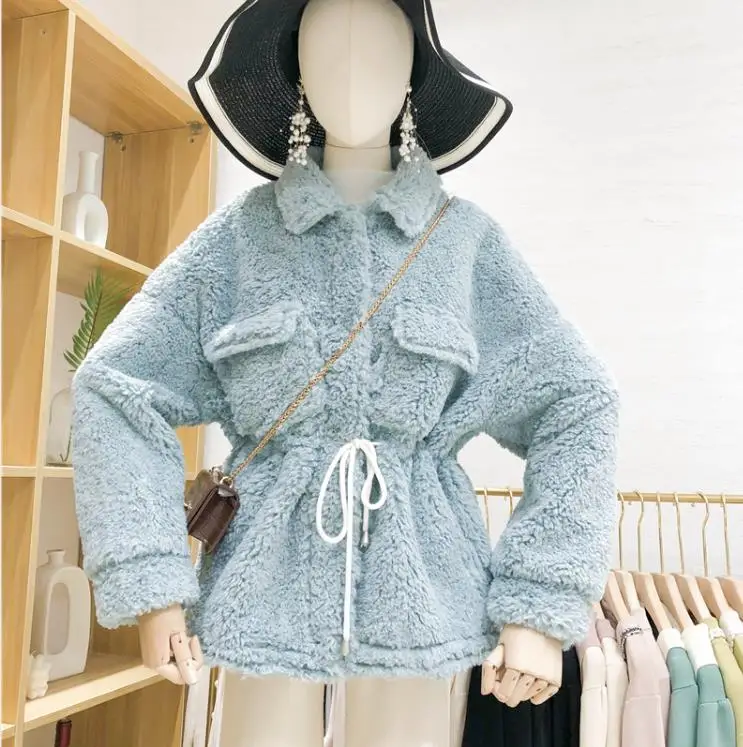 

Lamb velvet coat 2019 early autumn new Polo collar drawstring tie waist fur full fluff coat female
