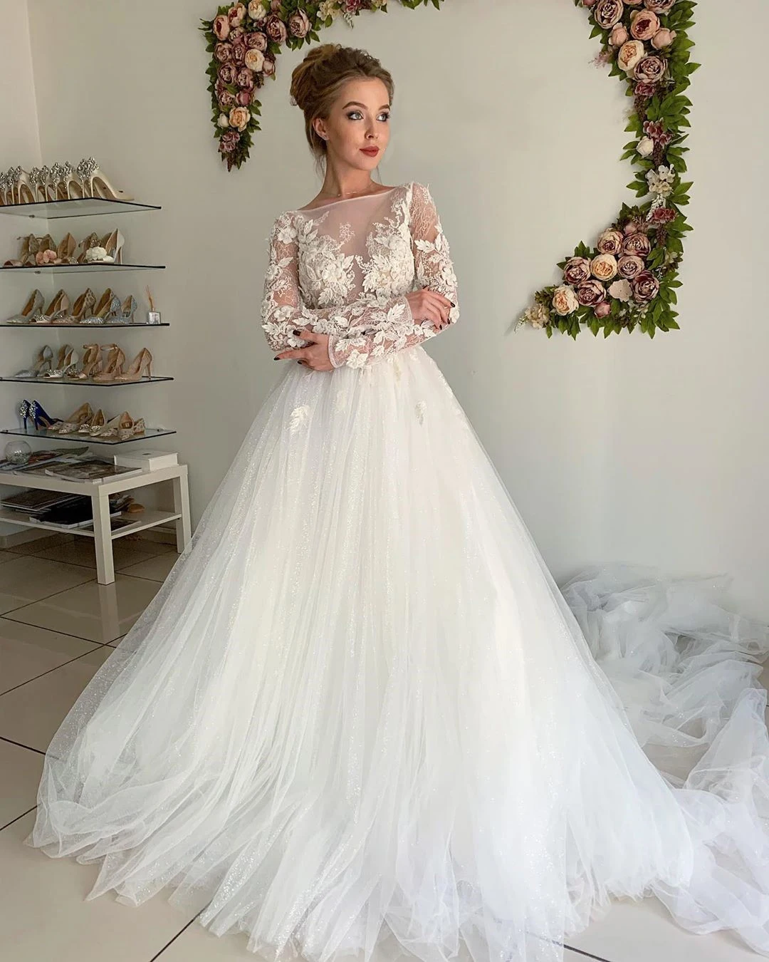 Baijinbay Vestido De Noiva Тюль с длинным рукавом Свадебные платья Линия Иллюзия Аппликации Свадебные платья abiti sposa robe mariage