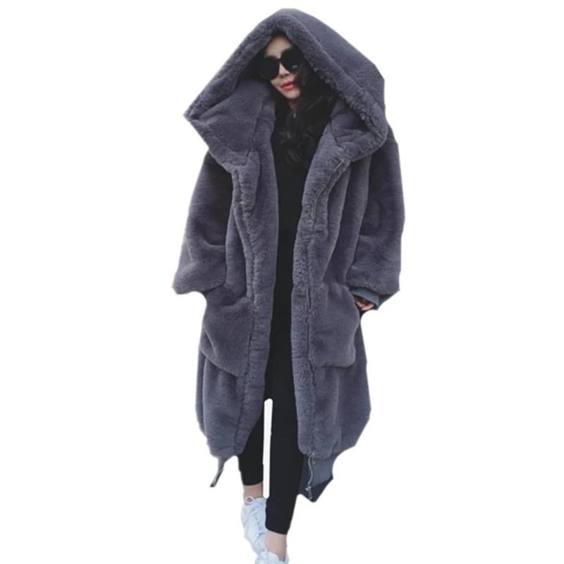 Женское пальто из искусственного меха, Повседневная Толстовка с меховым капюшоном, Толстая теплая длинная куртка из искусственного меха, черное зимнее пальто для женщин, большие размеры, casaco feminino