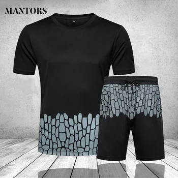 

Men Tracksuit T Shirts Shorts Set 2 Pieces Summer Mens Track Suit Set Fitness Patchwork Streetwear Top +Bottom Casual Sportswear