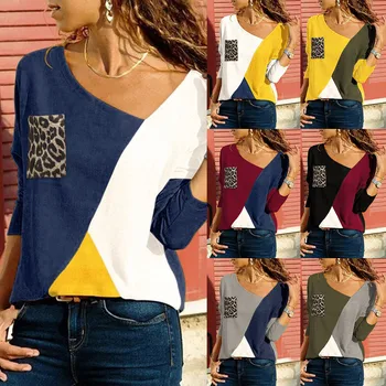 

Blouse Women Shirt V-Neck Splicing Color Collision Long Sleeves Plus Size Easy Blouse Women Tops Free Ship блузка женская Z4