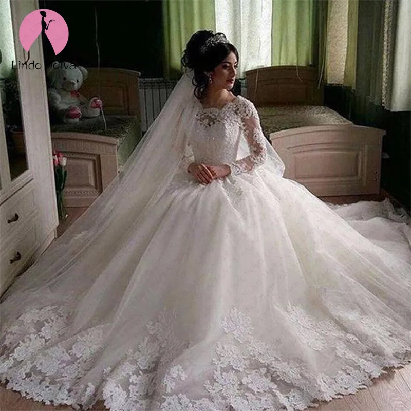 

Cheap Vestido De Noiva Elegant Lace Princess Wedding Dresses 2020 Custom Made Long Sleeves O Neck Wedding Gowns Robe De Mariee