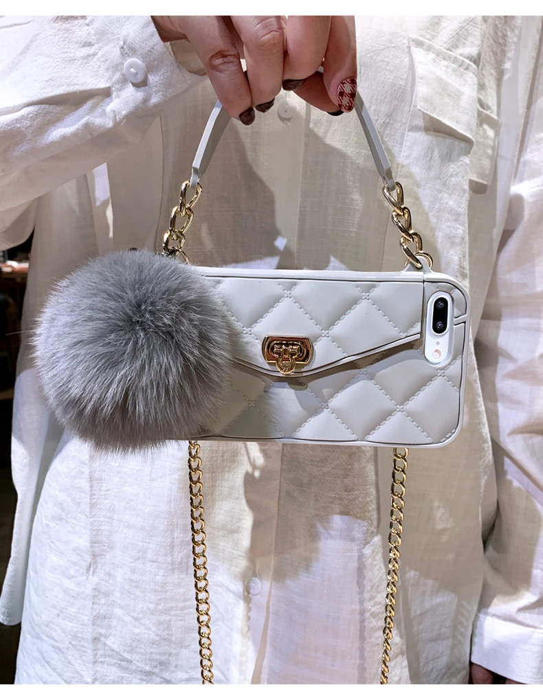 Fashion Metal Clasp Fur Ball Pendant Card Bag Purse Chain Handbag Case Cover For Iphone 13 12 Mini 11 Pro XS Max XR X 8 7 Plus | Мобильные