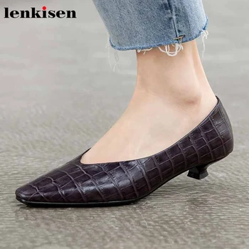 

Lenkisen French print gingham genuine leather fashion square toe low heels slip on elegant women daily wear spring pumps L09