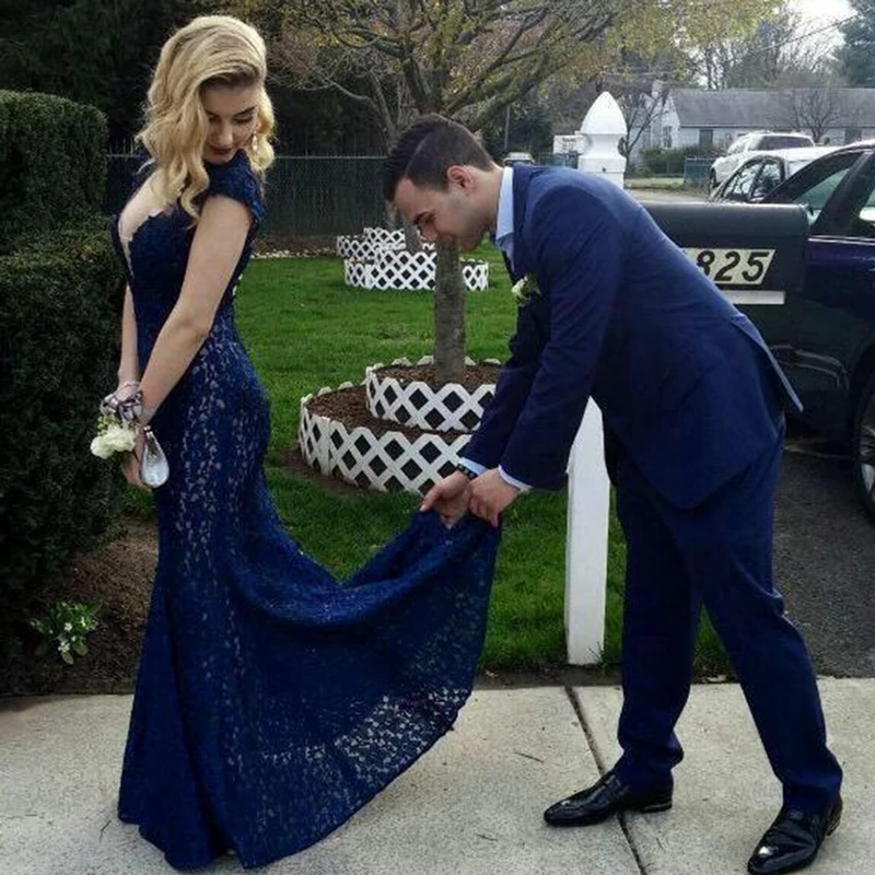 

Mermaid Lace Royal Blue 2018 Sexy Backless Engagement Prom gown with Short Sleeve Vestido de Festa Customized bridesmaid dresses