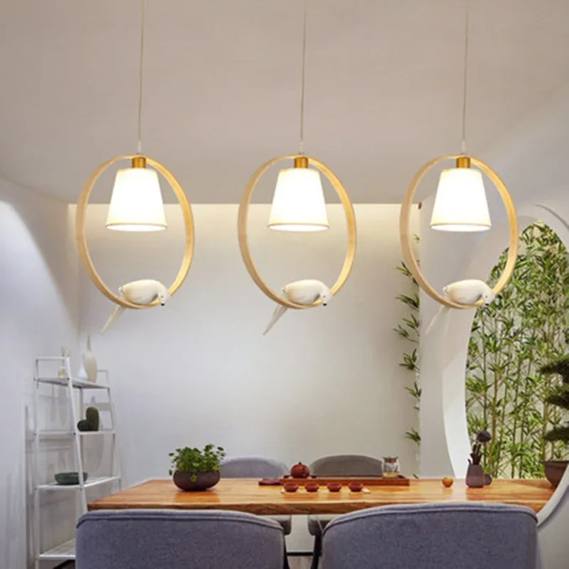 

Solid Wood LED Pendant Lights For Dining Room Bird Wooden Suspension Lighting Resturant Kitchen Triple Cord Hanglamp
