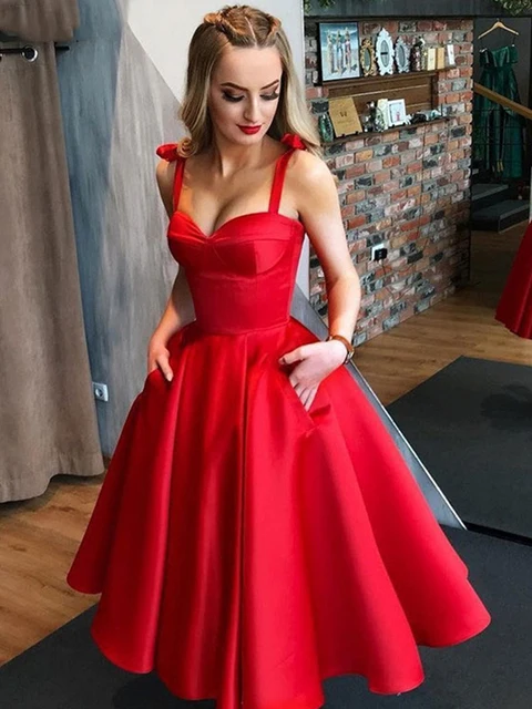 

2023 Red Short Evening Dresses Formal Satin Prom Party Gowns Sweetheart Spaghetti Strap Open Back A-line Beach Princess Dress