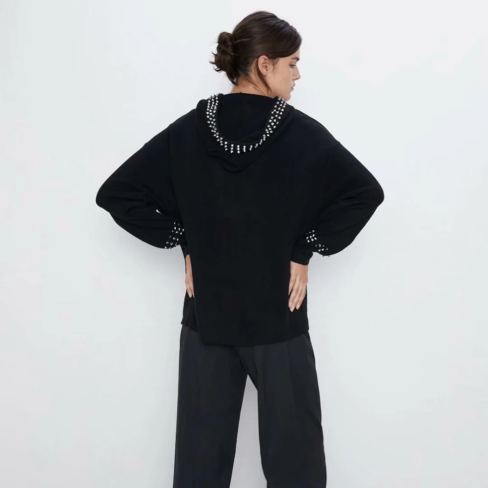 ZA черный свитер для женщин с длинным рукавом капюшоном воротник карманы металлическая инкрустация шикарный дизайн Зимняя Толстовка