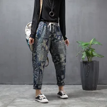 Винтажные женские джинсы с принтом осенние свободные штаны-шаровары с высокой талией повседневные джинсы для женщин