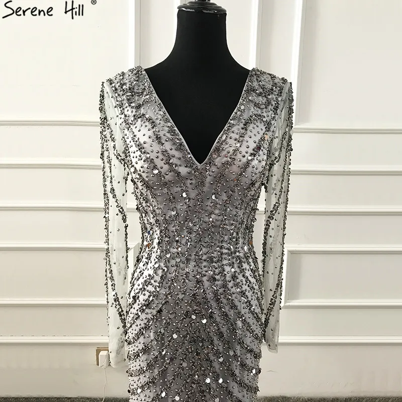 Серен Хилл Дубай роскошное тонкое вечернее платье Русалка элегантное серое с длинными рукавами с бисером официальное вечернее платье для вечеринки CLA60974 - Цвет: Grey