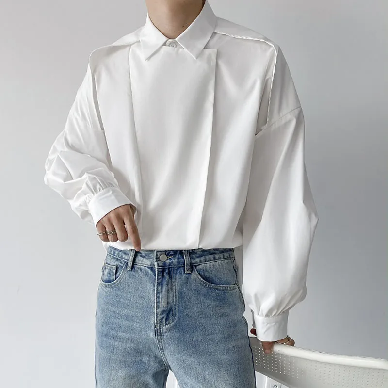 Men Folded Long Sleeve Niche Fashion Long Sleeve Loose Casual Shirts Men's Korean Japanese Harajuku Streetwear Shirt Tops Male