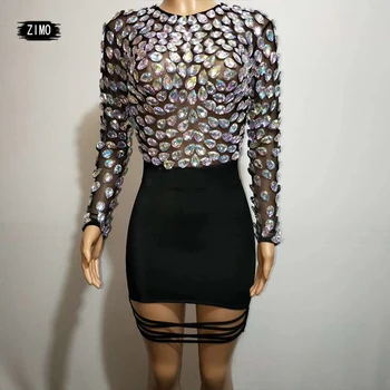 

Women Sexy Glass Big RhineStones See through Dance Black Dress Skinny Birthday Prom Show Stretch club party Dresses long sleeve