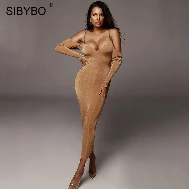 SIBYBO Metal Spaghetti Strap Winter Long Dress Women Off Shoulder Long Sleeve Sexy Bodycon Dress Autumn Backless Party Dress - Цвет: Хаки