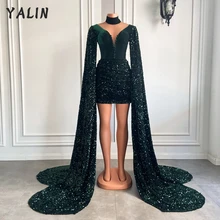 

YALIN Chic Long Sleeve Sparkly Prom Dresses Emerald Green Sequined Party Dress African V Neck Girls Short 2022 Robe De Soirée