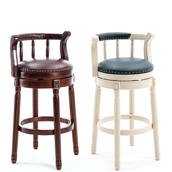 

Nordic Cowhide High Stool Bar Solid Wood Bar Stool Bar Stool Home Leather Backrest Bench Stool Commercial High Seat