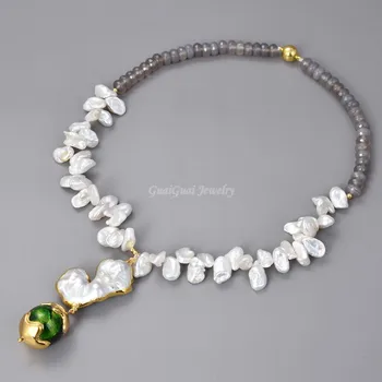 

GG Jewelry Keshi Pearl Grey Agate Necklace Kehshi Pearl Green Murano Class Pendant 19''
