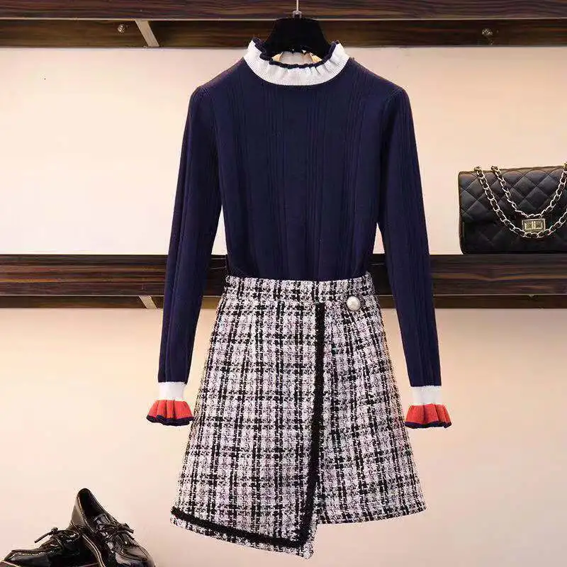 

2019 Autumn Winter Women O-necked Pullover Knitted Top + High-waisted Tweed Skirt Two Piece Girl Ladies Skirts Suits Outfits