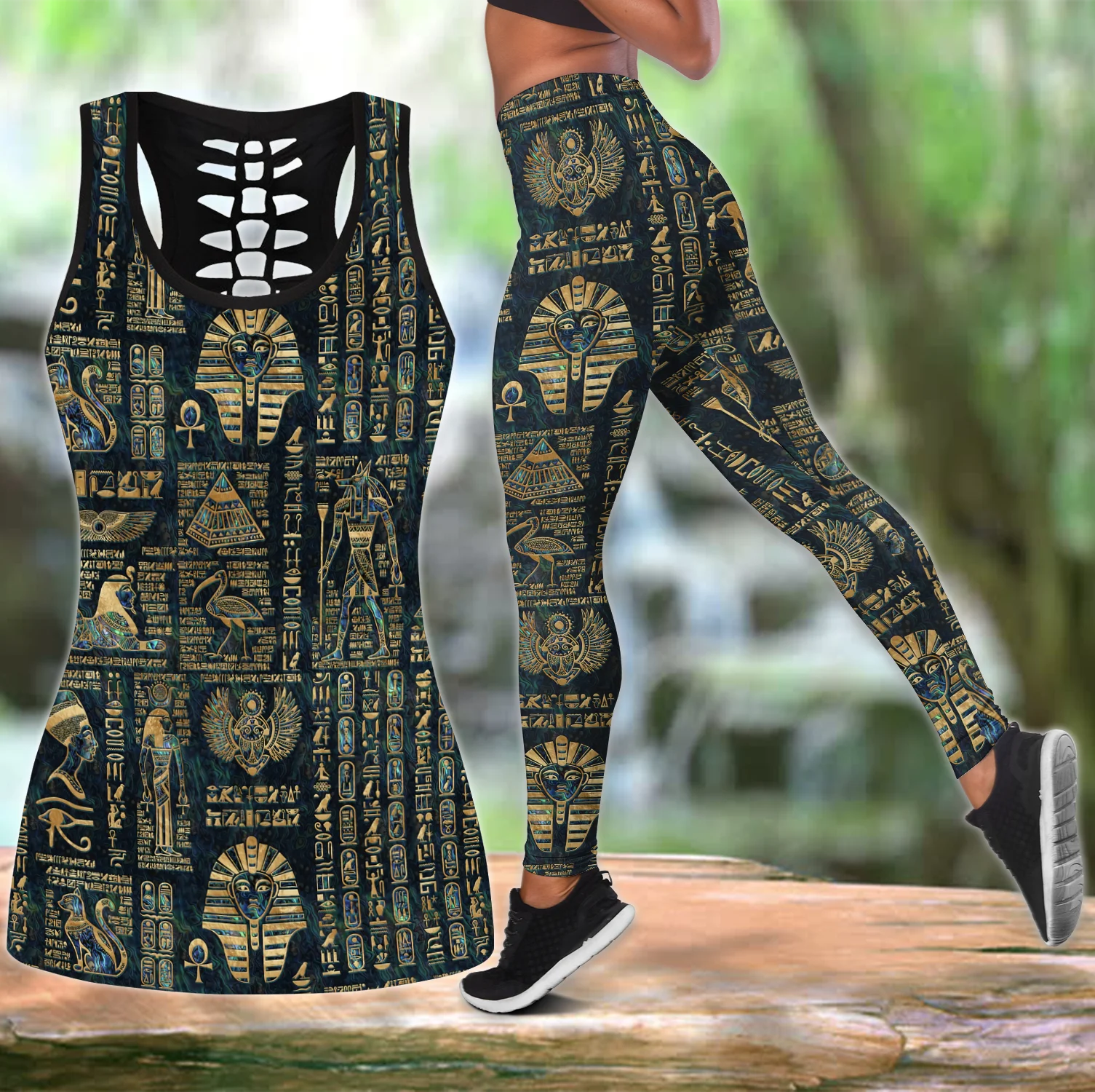 leggings with pockets Egyptian Hieroglyphs And Deities 3D Printed Hollow Tank Top & Leggings Set Fitness Female Full Length Leggings Yoga Pants LKB-19 leggings