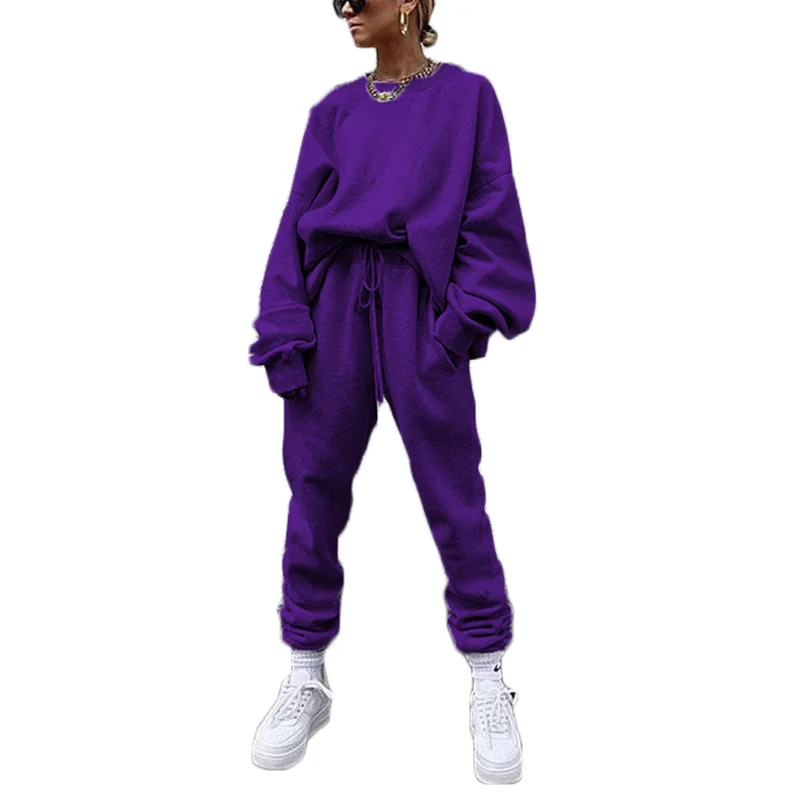 

Solid Color Tops & Drawstring Stacked Sweatpants Jogger Women Two Piece Outfits Winter Casual Loose Clothes Tracksuits