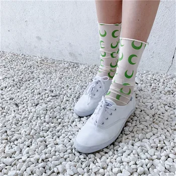 

Spring And Summer Printing College Wind Socks Breathable Half Socks Mesh Knit Frill Trim Transparent Ankle funny socks Y926